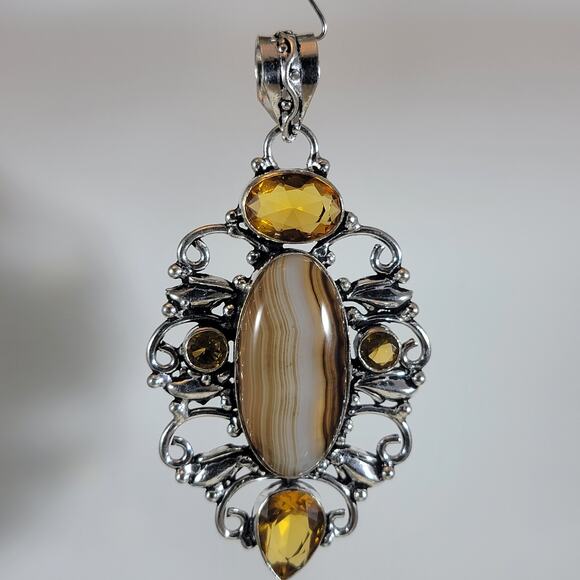Banded Agate & Citrine Sterling Pendant – Handmade Bohemian Gemstone Necklace - Picture 1 of 10